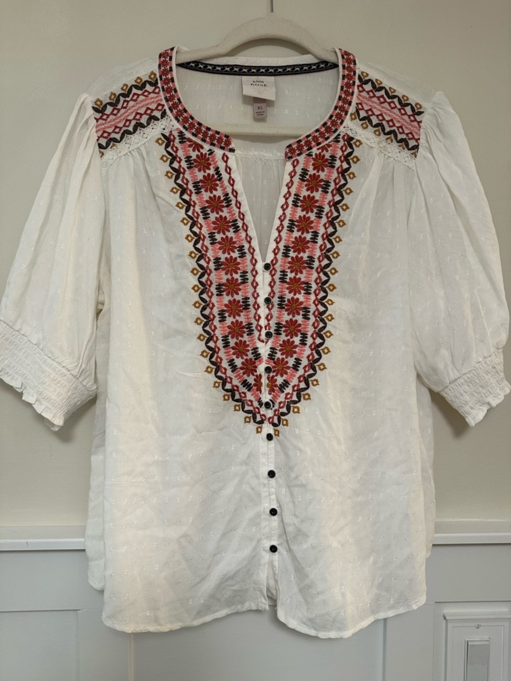 XL - Knox Rose White Peasant Blouse with Rust Red, Coral, Gold Embroidery Accent